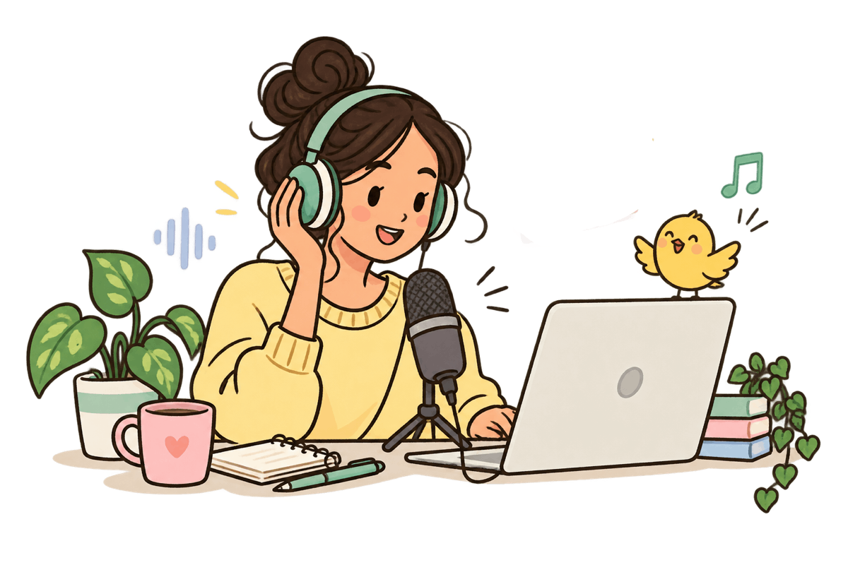 A woman wearing headphones records audio at a laptop while a small yellow bird watches from the screen.